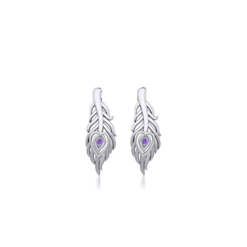 Peacock Tail Silver Post Earrings with Gemstone TER1916 - Jewelry